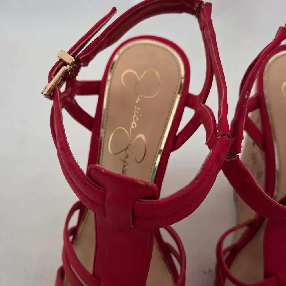 Jessica Simpson Brinlee Red Strappy Tall Cork Wedge Sandals Baddie Summer Sz 7.5